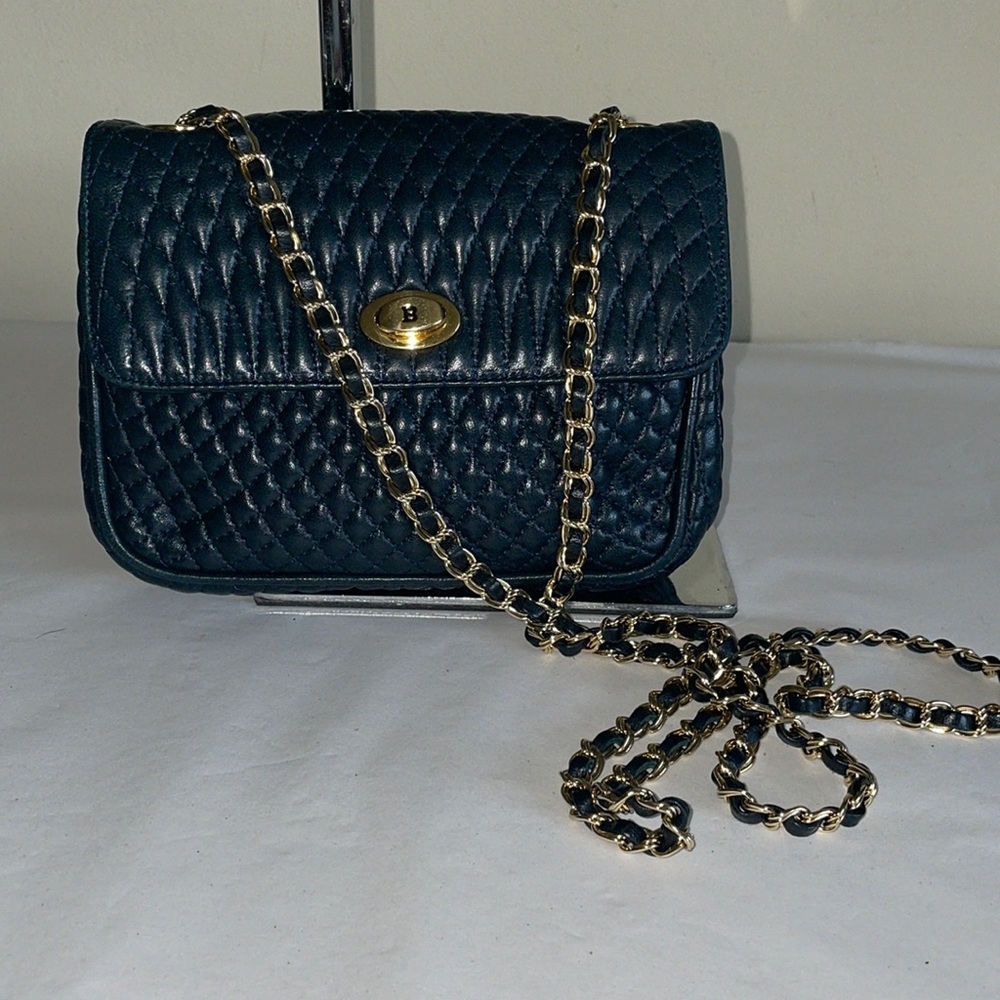 BALLY Lamb Leather Navy Blue Quilted Crossbody Bag Chain Strap